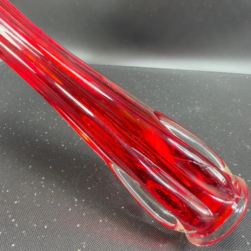 Vintage Ruby Red Swung Glass Bud Vase Ruffled Finger Rim Mid Century Modern‎ VTG